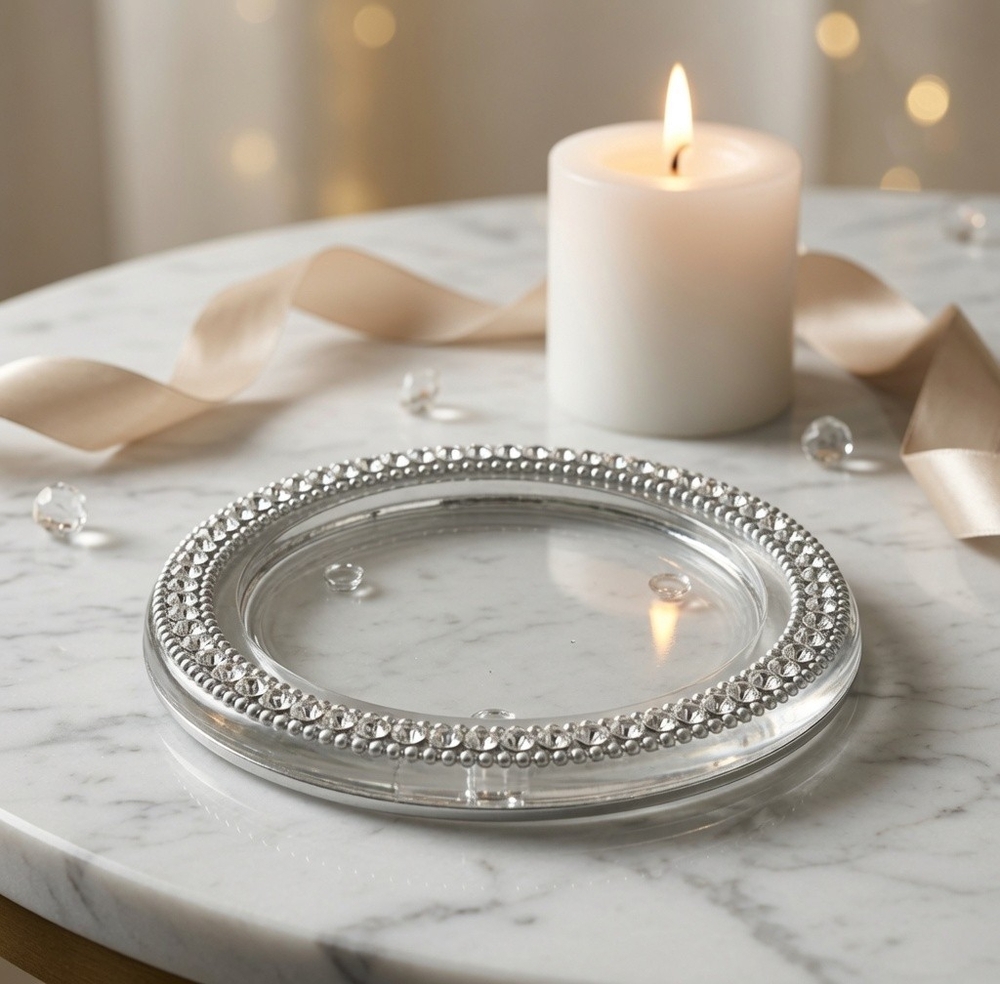 Crystal Rhinestone Beaded Glass Pillar Candle Plate Holder Round 4.25" Silver VG